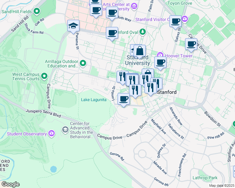 map of restaurants, bars, coffee shops, grocery stores, and more near 580 Lomita Drive in Stanford