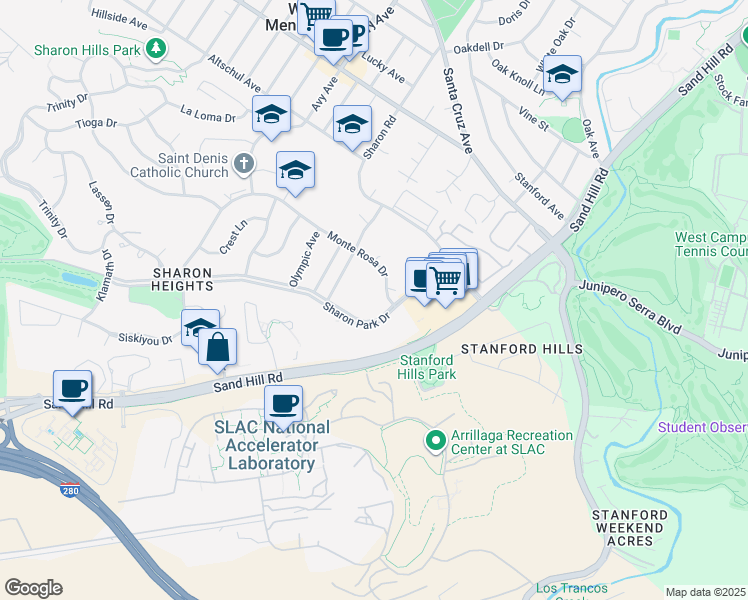 map of restaurants, bars, coffee shops, grocery stores, and more near 600 Sharon Park Drive in Menlo Park