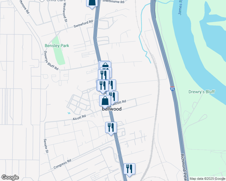 map of restaurants, bars, coffee shops, grocery stores, and more near 7411 Jefferson Davis Highway in Richmond