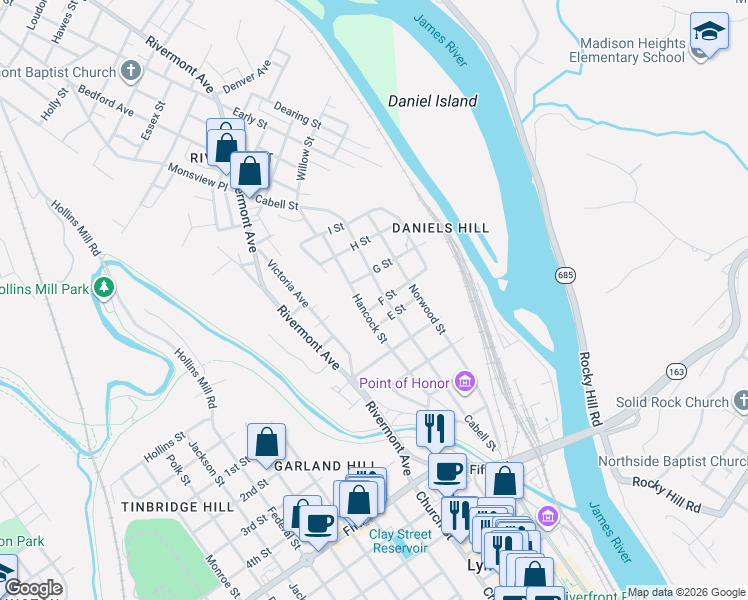 map of restaurants, bars, coffee shops, grocery stores, and more near in Lynchburg