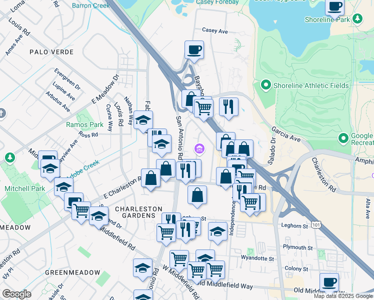 map of restaurants, bars, coffee shops, grocery stores, and more near 912 San Antonio Road in Palo Alto