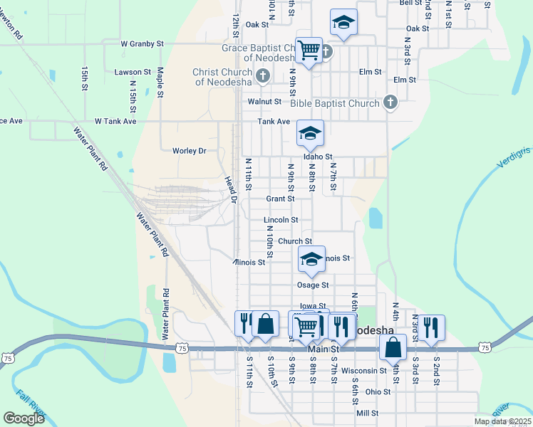 map of restaurants, bars, coffee shops, grocery stores, and more near 1001-1099 Lincoln Street in Neodesha