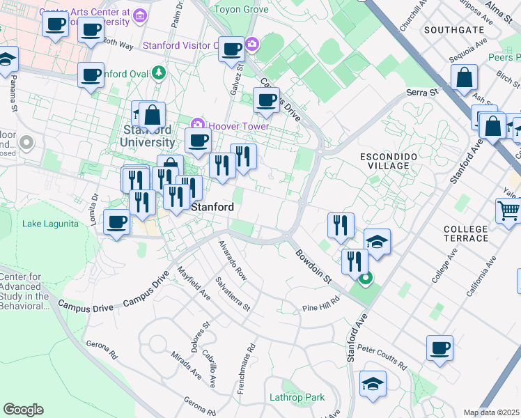 map of restaurants, bars, coffee shops, grocery stores, and more near Bowdoin Ln in Stanford