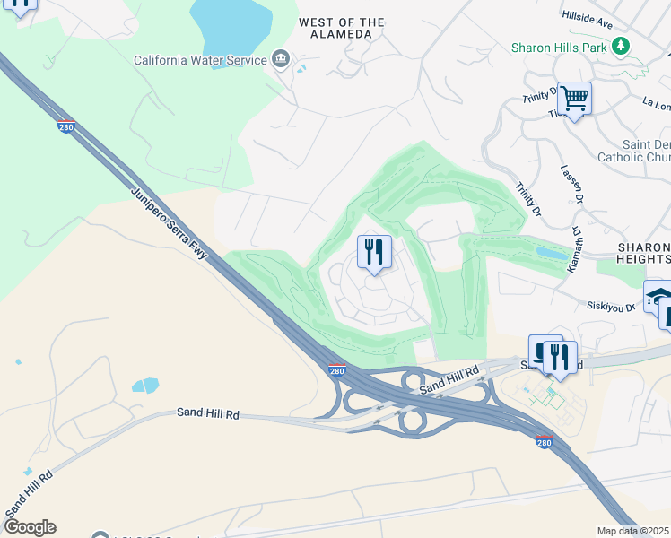 map of restaurants, bars, coffee shops, grocery stores, and more near 480 Sand Hill Circle in Menlo Park