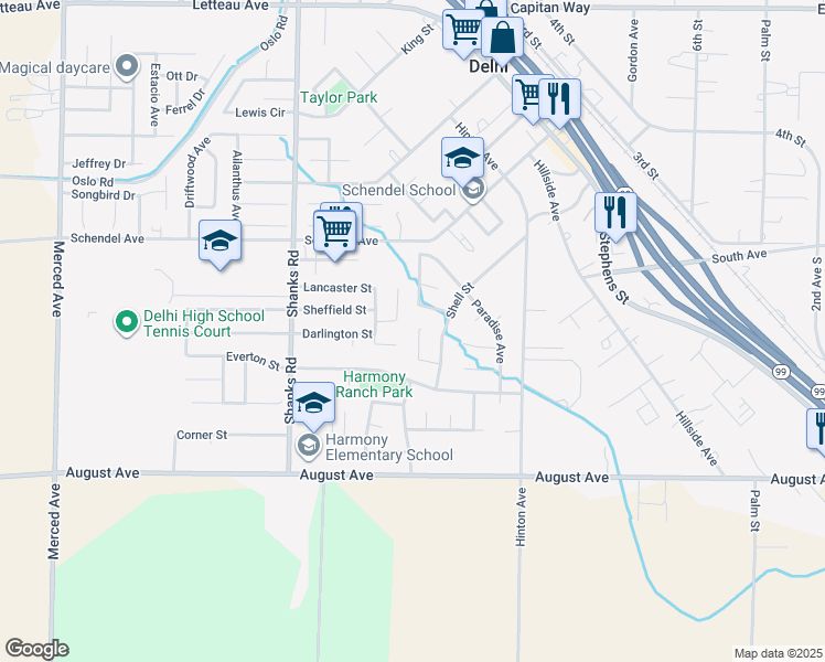 map of restaurants, bars, coffee shops, grocery stores, and more near 16237 Fortune Court in Delhi