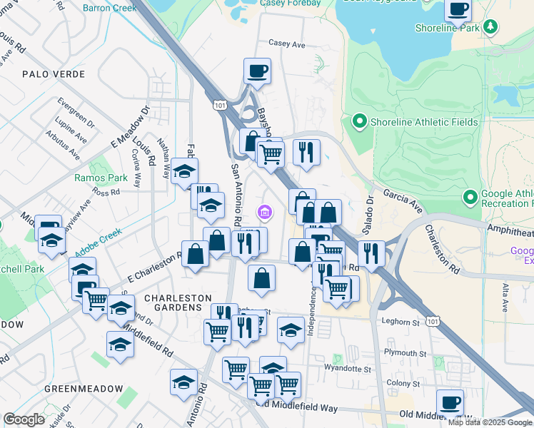 map of restaurants, bars, coffee shops, grocery stores, and more near 940 Commercial Street in Palo Alto