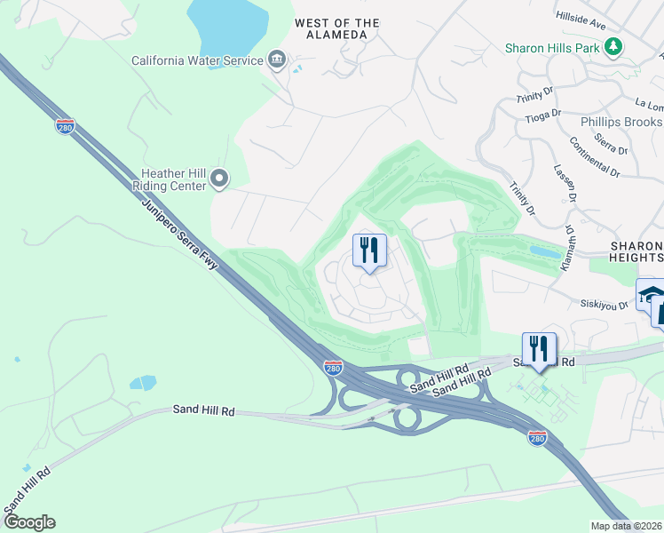 map of restaurants, bars, coffee shops, grocery stores, and more near 480 Sand Hill Circle in Menlo Park