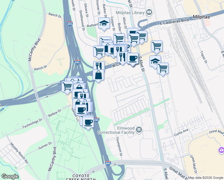 map of restaurants, bars, coffee shops, grocery stores, and more near 411 Corning Avenue in Milpitas
