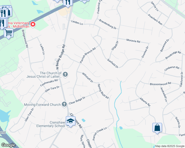 map of restaurants, bars, coffee shops, grocery stores, and more near 11400 Bailey Woods Drive in Midlothian