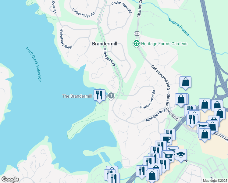 map of restaurants, bars, coffee shops, grocery stores, and more near 13544 Heathbrook Terrace in Midlothian