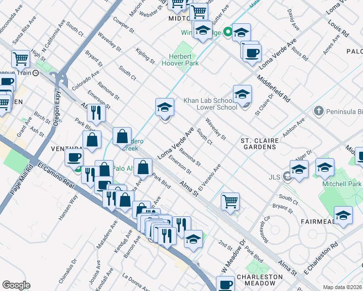 map of restaurants, bars, coffee shops, grocery stores, and more near 3151 Ramona Street in Palo Alto