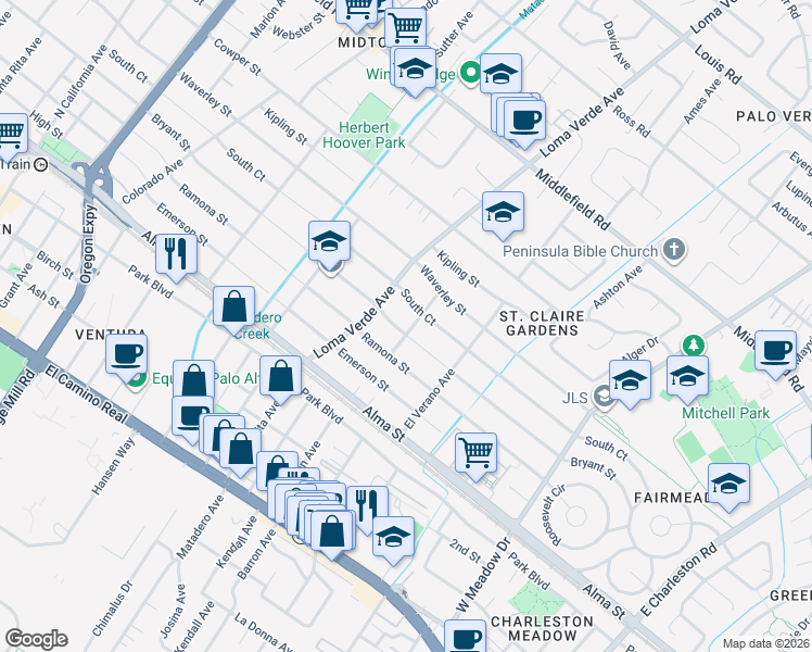 map of restaurants, bars, coffee shops, grocery stores, and more near 305 Campesino Avenue in Palo Alto