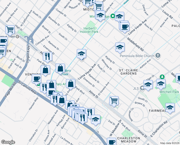 map of restaurants, bars, coffee shops, grocery stores, and more near 3151 Ramona Street in Palo Alto