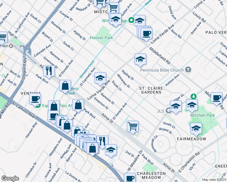 map of restaurants, bars, coffee shops, grocery stores, and more near 3218 Bryant Street in Palo Alto