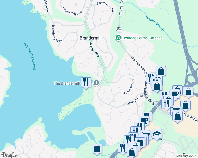map of restaurants, bars, coffee shops, grocery stores, and more near 13544 Heathbrook Terrace in Midlothian