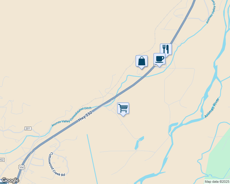map of restaurants, bars, coffee shops, grocery stores, and more near 33451-33489 U.S. 550 in Durango