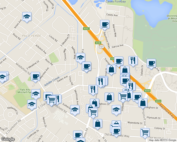 map of restaurants, bars, coffee shops, grocery stores, and more near 3921 Fabian Way in Palo Alto