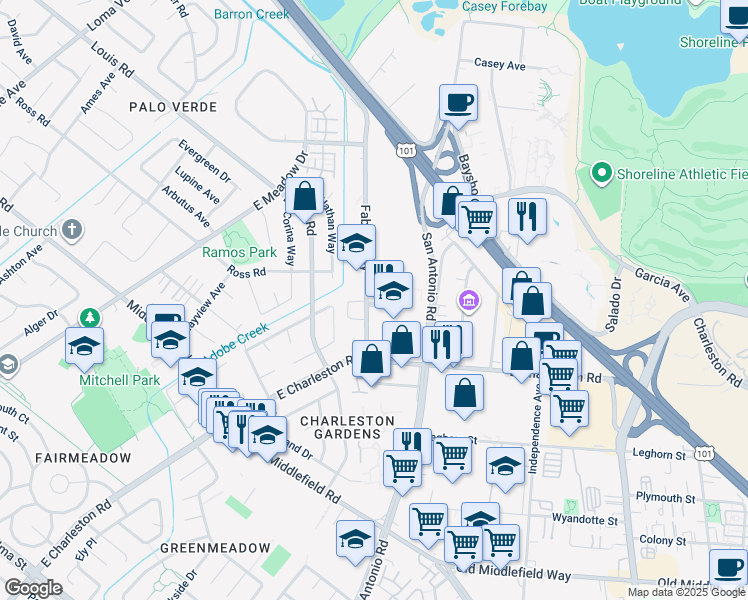 map of restaurants, bars, coffee shops, grocery stores, and more near 3950 Fabian Way in Palo Alto