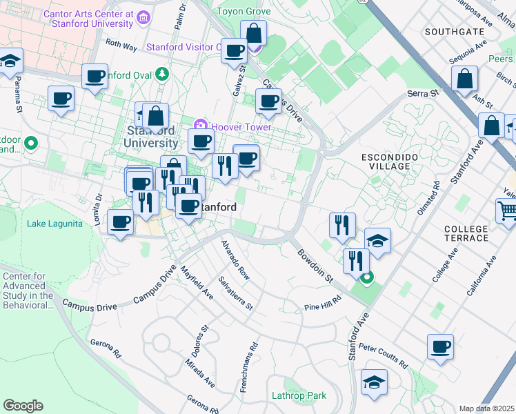 map of restaurants, bars, coffee shops, grocery stores, and more near Bowdoin Ln in Stanford