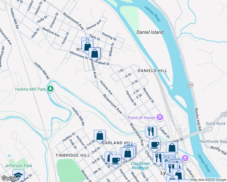 map of restaurants, bars, coffee shops, grocery stores, and more near 513 Victoria Avenue in Lynchburg