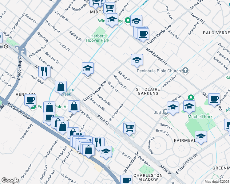 map of restaurants, bars, coffee shops, grocery stores, and more near 3210 South Court in Palo Alto