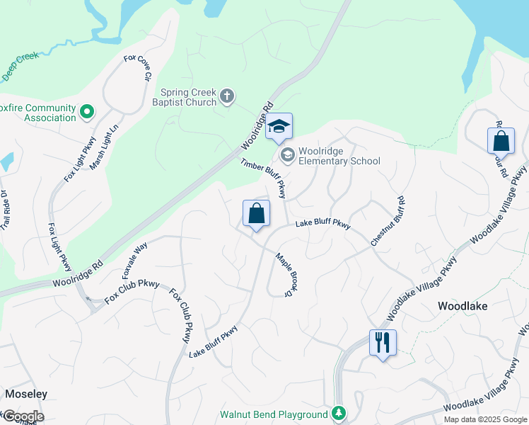 map of restaurants, bars, coffee shops, grocery stores, and more near 5508 Windy Ridge Drive in Midlothian