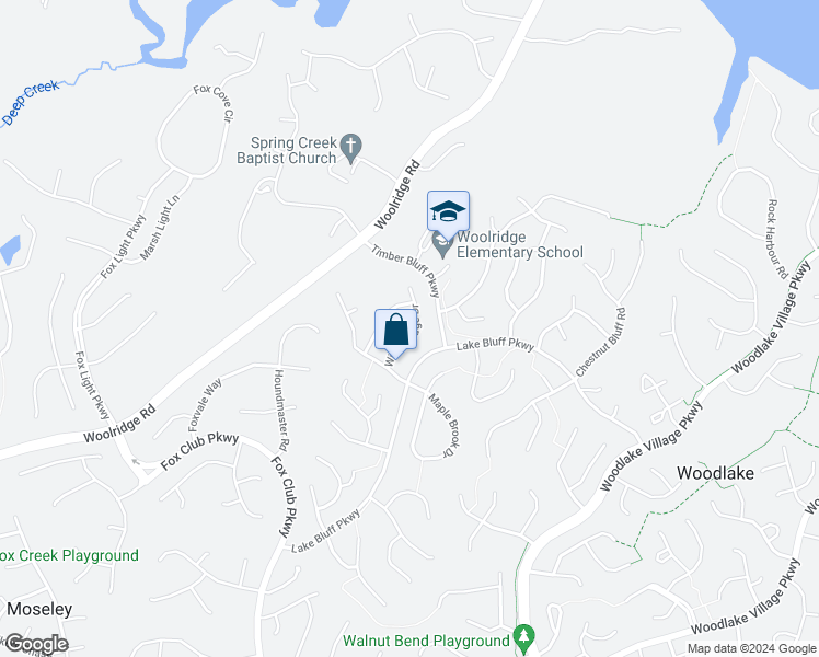 map of restaurants, bars, coffee shops, grocery stores, and more near 5508 Windy Ridge Drive in Midlothian