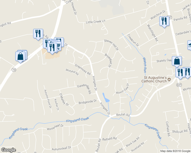 map of restaurants, bars, coffee shops, grocery stores, and more near 6807 Irongate Drive in Richmond