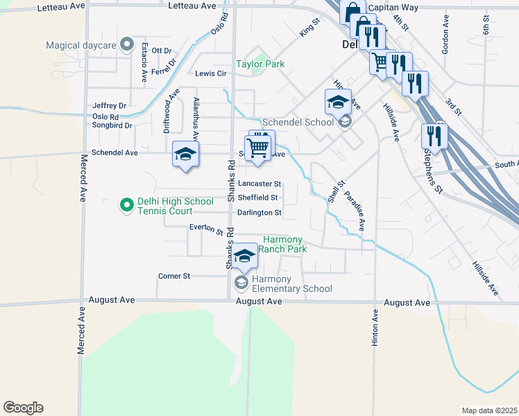 map of restaurants, bars, coffee shops, grocery stores, and more near 16394 Darlington Street in Delhi