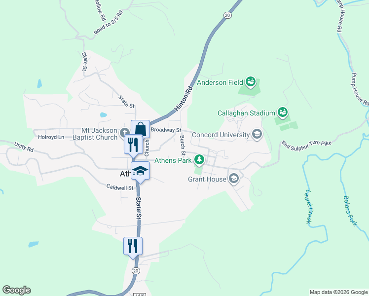 map of restaurants, bars, coffee shops, grocery stores, and more near 106 Burch Street in Athens