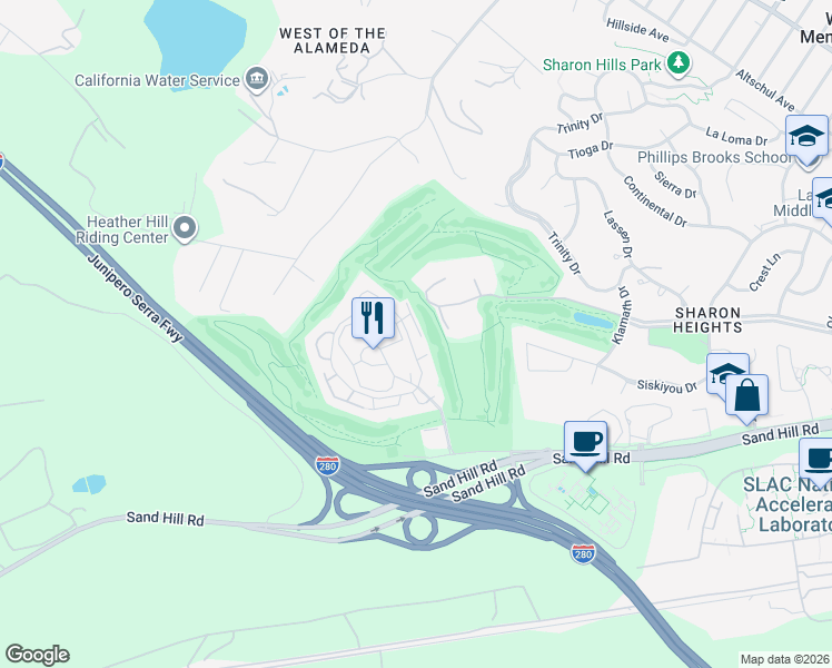 map of restaurants, bars, coffee shops, grocery stores, and more near 166 Sand Hill Circle in Menlo Park