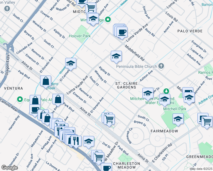 map of restaurants, bars, coffee shops, grocery stores, and more near 3260 Waverley Street in Palo Alto