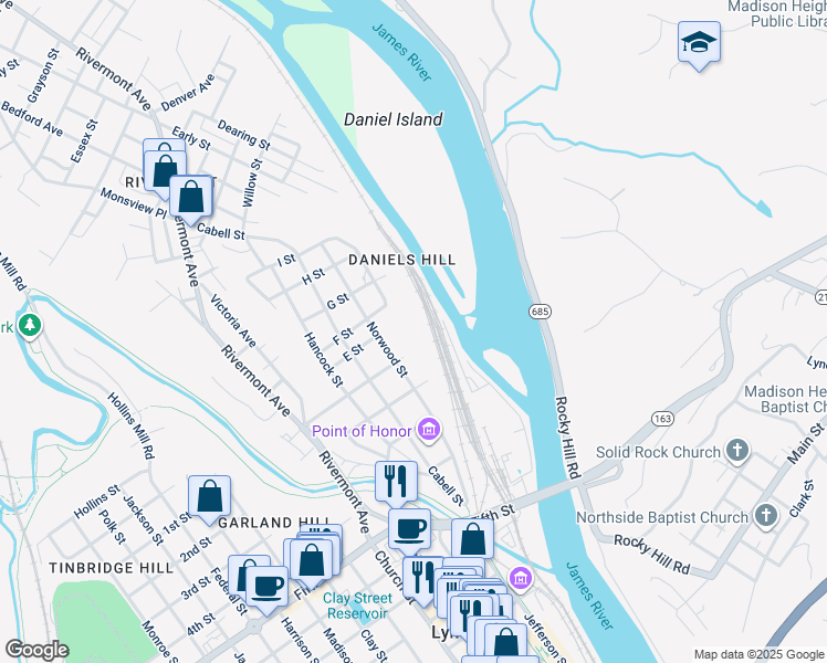 map of restaurants, bars, coffee shops, grocery stores, and more near 410 Jackson Street in Lynchburg