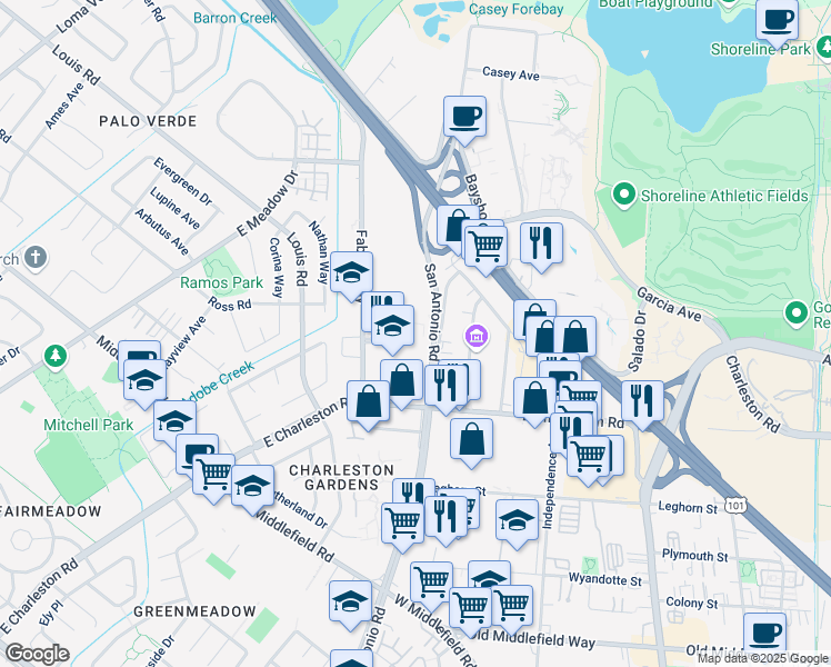 map of restaurants, bars, coffee shops, grocery stores, and more near 912 San Antonio Road in Palo Alto
