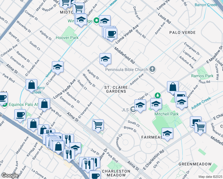 map of restaurants, bars, coffee shops, grocery stores, and more near 3400 Rambow Drive in Palo Alto