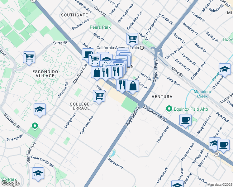 map of restaurants, bars, coffee shops, grocery stores, and more near 2550 El Camino Real in Palo Alto