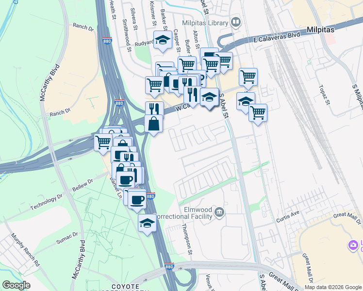 map of restaurants, bars, coffee shops, grocery stores, and more near 411 Corning Avenue in Milpitas