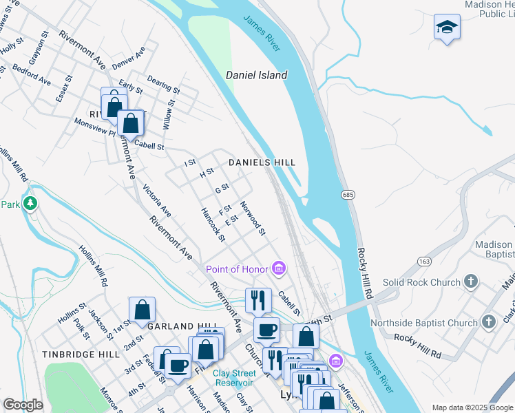 map of restaurants, bars, coffee shops, grocery stores, and more near 419 Jackson Street in Lynchburg