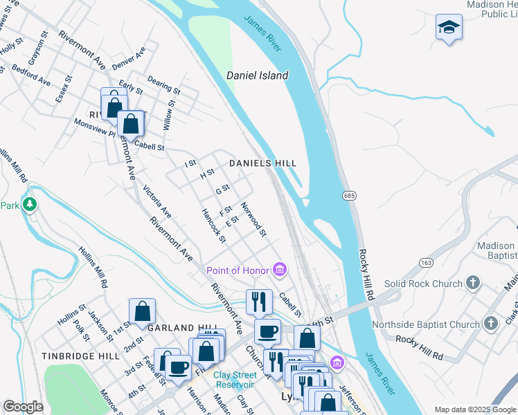 map of restaurants, bars, coffee shops, grocery stores, and more near 419 Jackson Street in Lynchburg