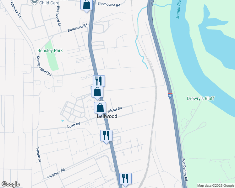 map of restaurants, bars, coffee shops, grocery stores, and more near 2551 Elliham Avenue in Richmond