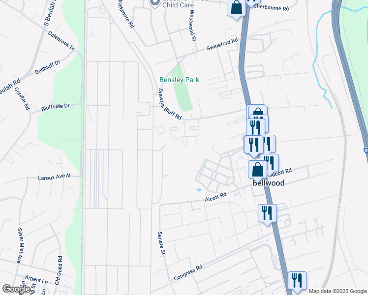 map of restaurants, bars, coffee shops, grocery stores, and more near 2721 Drewrys Bluff Road in Richmond