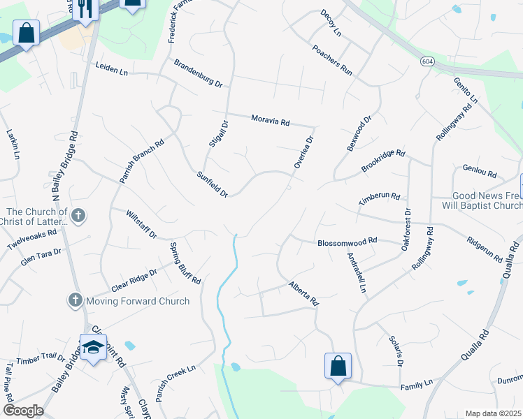 map of restaurants, bars, coffee shops, grocery stores, and more near 4760 Overlea Drive in Midlothian