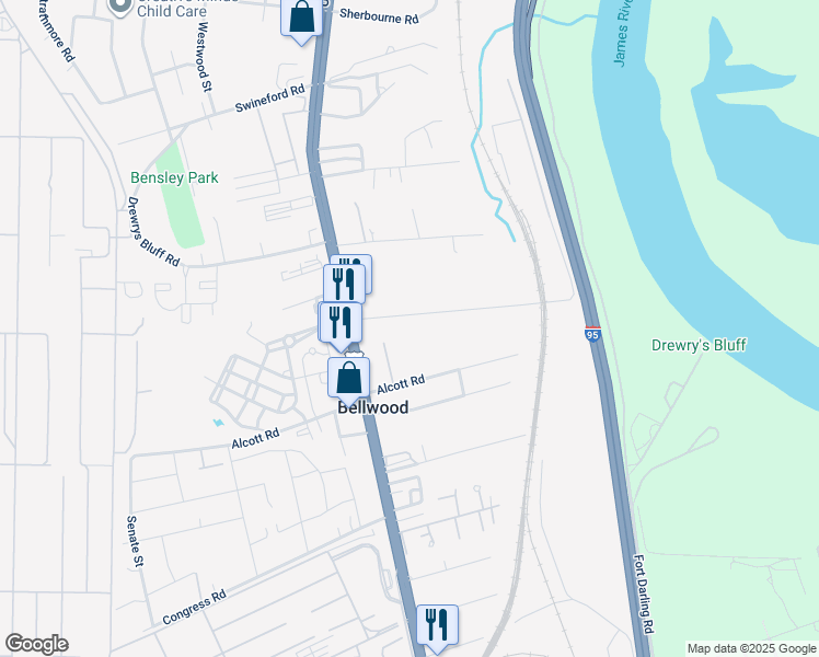 map of restaurants, bars, coffee shops, grocery stores, and more near 2551 Elliham Avenue in Richmond