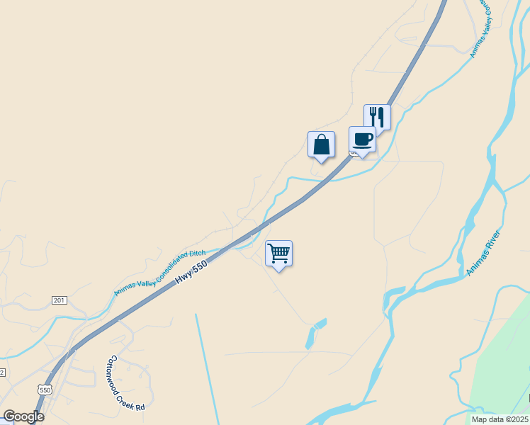 map of restaurants, bars, coffee shops, grocery stores, and more near 33451 U.S. 550 in Durango