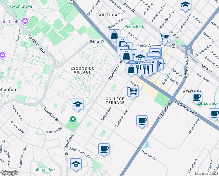 map of restaurants, bars, coffee shops, grocery stores, and more near 749 Stanford Avenue in Palo Alto