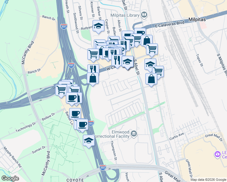 map of restaurants, bars, coffee shops, grocery stores, and more near 353 San Miguel Court in Milpitas