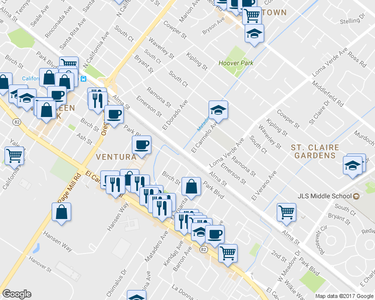 map of restaurants, bars, coffee shops, grocery stores, and more near 2920 Emerson Street in Palo Alto