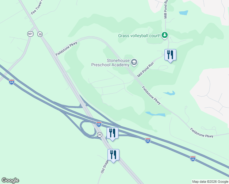 map of restaurants, bars, coffee shops, grocery stores, and more near 9354 Fieldstone Parkway in Toano