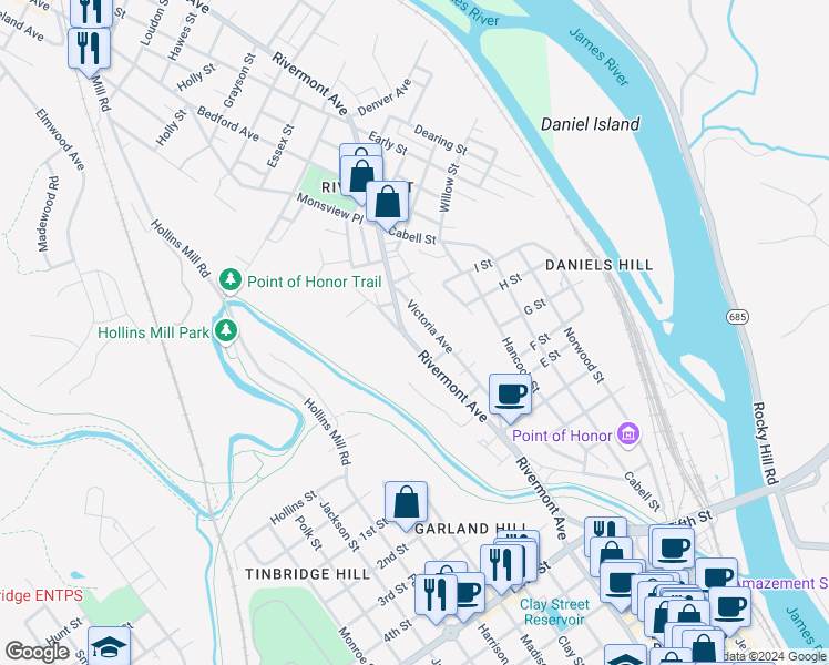 map of restaurants, bars, coffee shops, grocery stores, and more near 831 Victoria Avenue in Lynchburg
