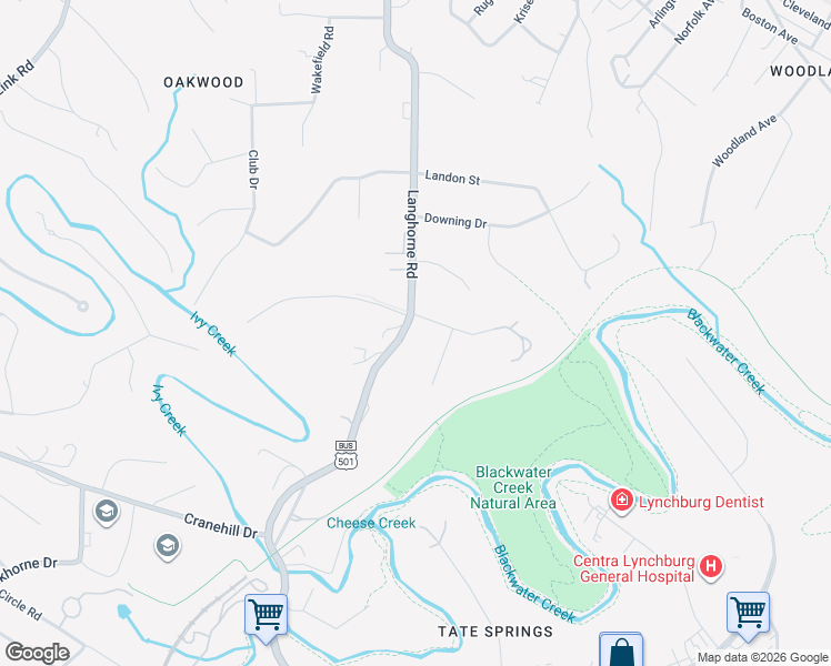map of restaurants, bars, coffee shops, grocery stores, and more near 1521-1531 Langhorne Road in Lynchburg